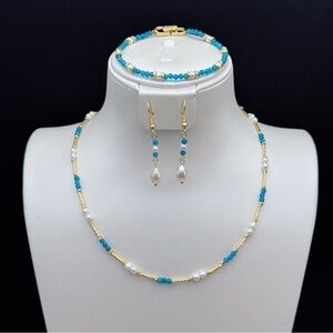 26X38 Handmade Freshwater Pearl Blue Apatite Necklace Bracelet Earrings 3Pcs Set